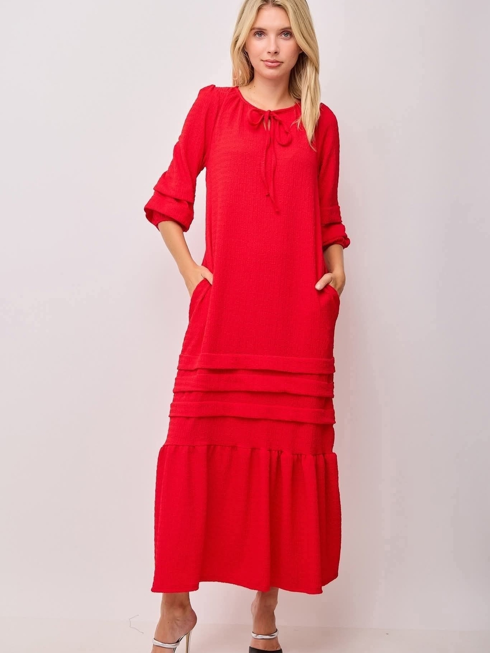 Celeste Red Tiered Tie-Neck Maxi Dress